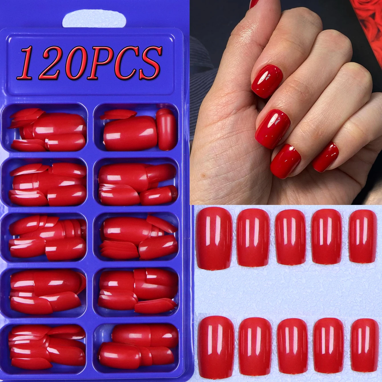 120PCS Press French Red Mid-Length Square Fake Nails Solid Color Design Wiederverwendbare Acryl Falsche Nägel Whitening Nail Art und DIY Image