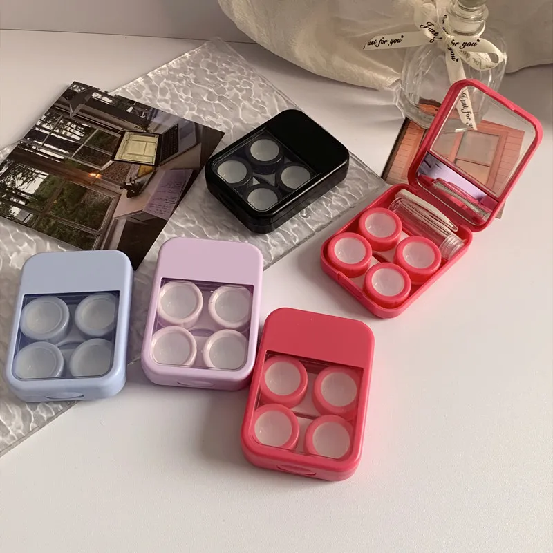 Ins boîte à lentilles de contact avec miroir et pince à épiler étui à lentilles de contact portable double boîte compagnon étui à lentilles de contact de voyage pour femmes