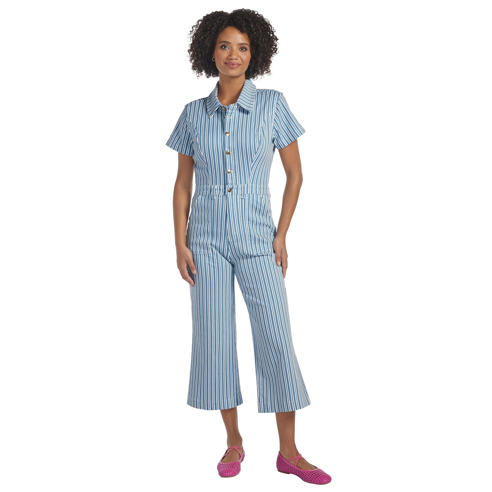 Masseys Denim Jumpsuit (Size 18) Blue White Stripe, Cotton,Spandex