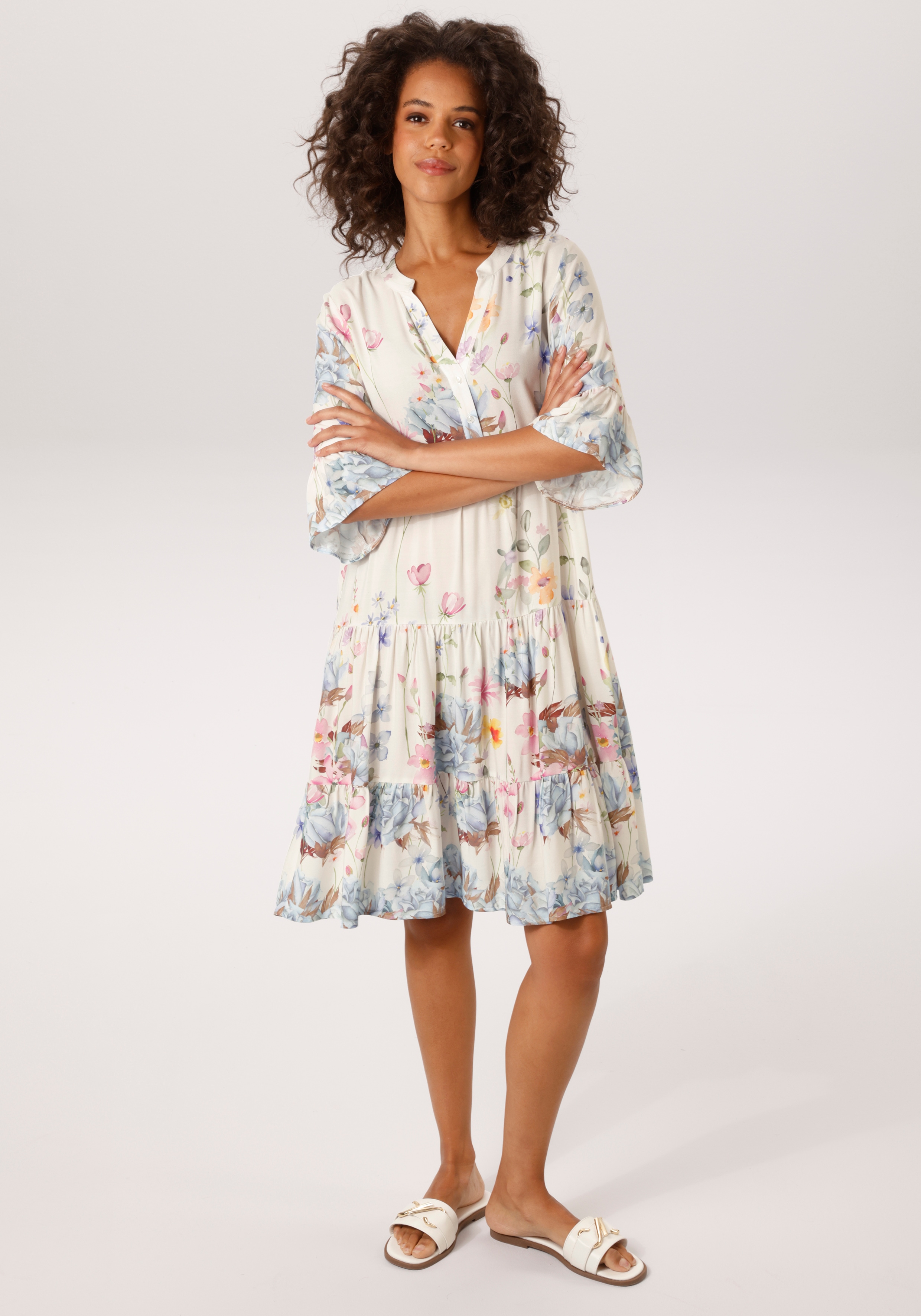 Tunikakleid ANISTON CASUAL, Damen, Gr. 44, N-Gr, wollweiß, hellblau, helltürkis, blau, orange, apricot, pink, rosa, malve, grün, hellgrün, gelb, braun, hellbraun, Web, Obermaterial: 100% Viskose, bedruckt, geblümt, lässig geschnitten knieumspielend,...