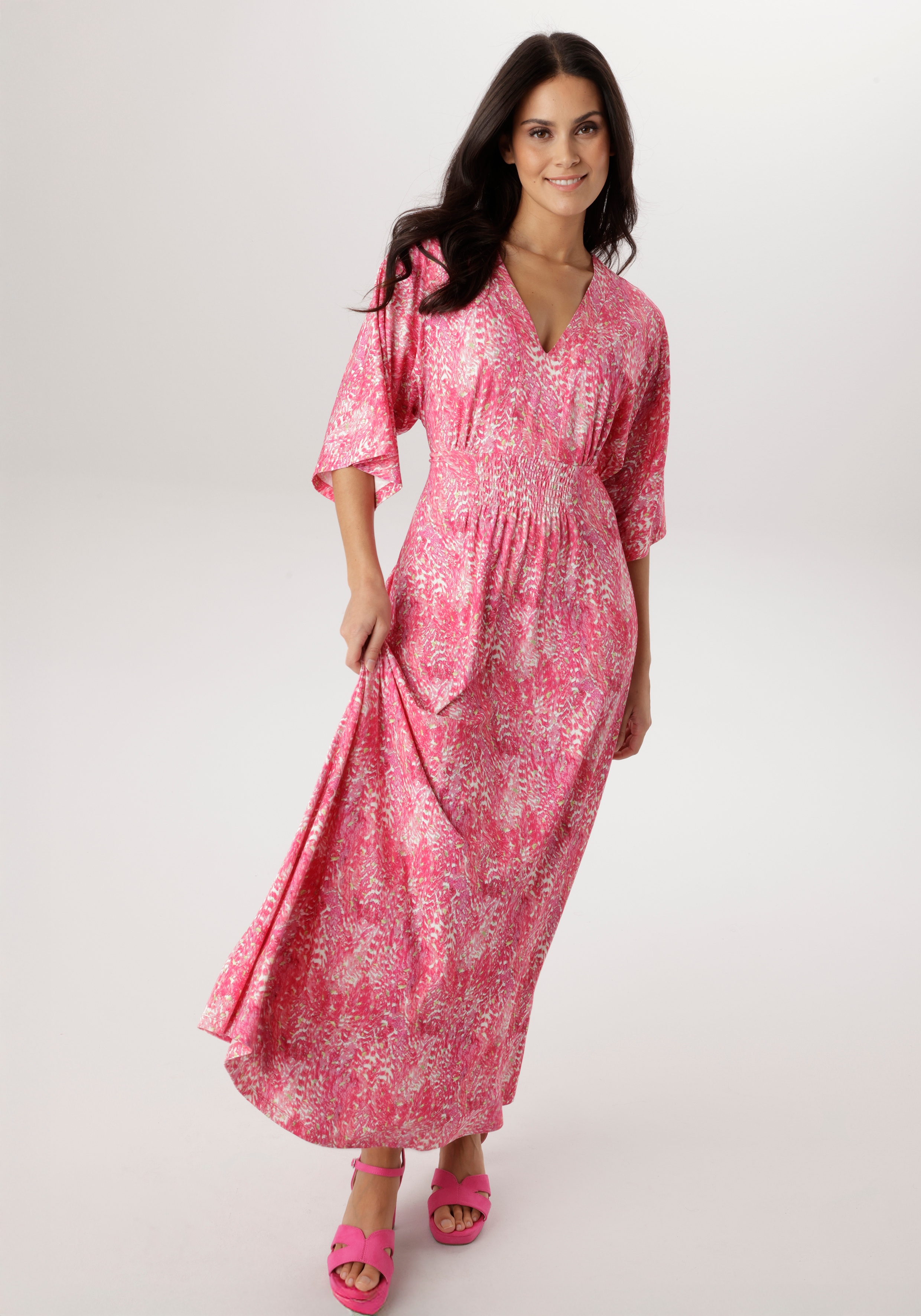 Maxikleid ANISTON SELECTED, Damen, Gr. 36, N-Gr, rosa (pink, rose, weiß, zartgelb), Single Jersey, Obermaterial: 95% Viskose, 5% Elasthan, bedruckt, gemustert, lässig geschnitten lang, V-Ausschnitt, weit, Kleider Maxikleid, mit weiten, 3/4-langen...