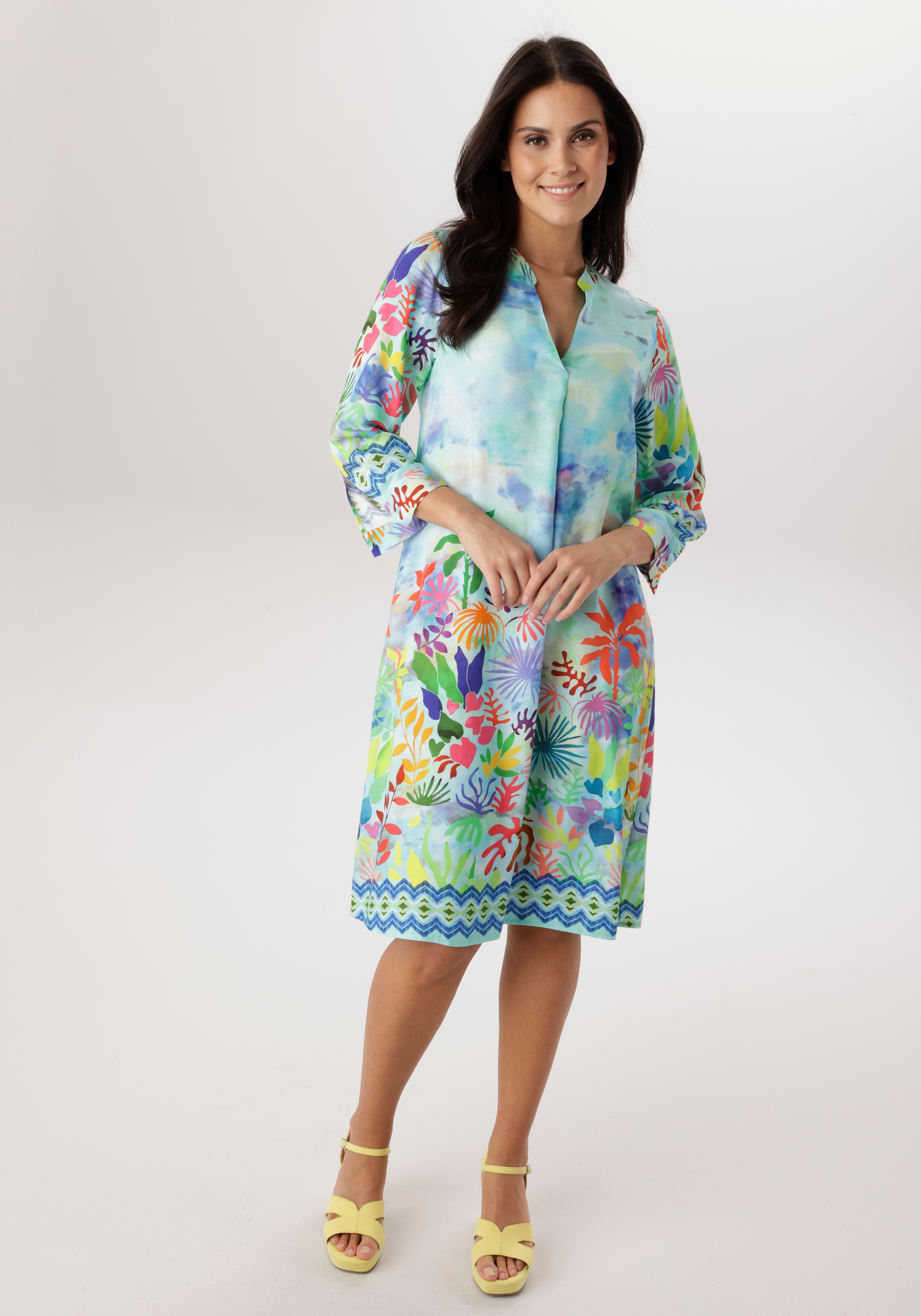 Blusenkleid ANISTON SELECTED, Damen, Gr. 46, N-Gr, hellblau, türkis, grün, gelb, bunt, Web, Obermaterial: 100% Viskose, bedruckt, gemustert, mehrfarbig, lässig geschnitten knieumspielend, V-Ausschnitt, 1-Knopf-Manschette, Kleider Blusenkleid, mit...