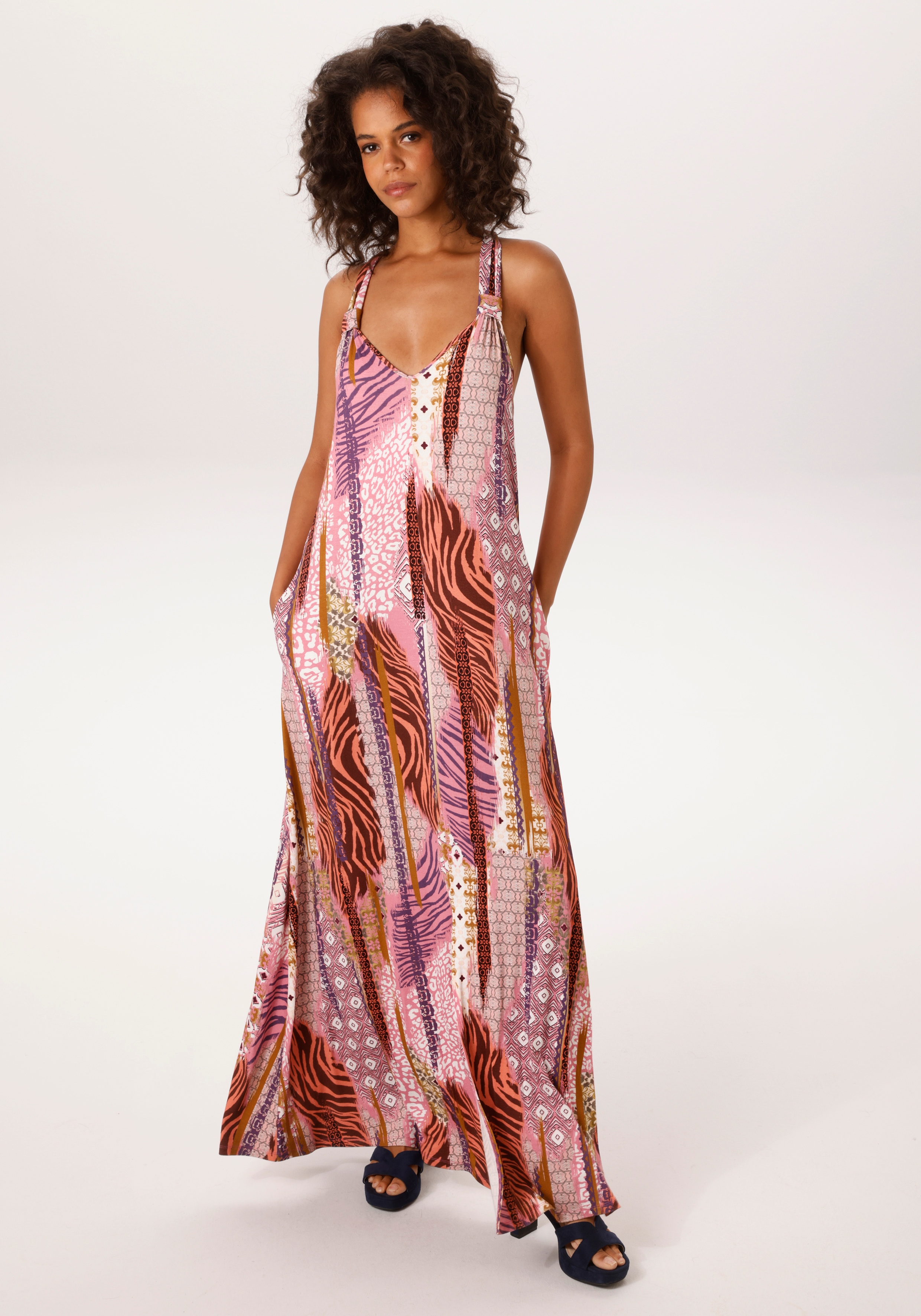 Sommerkleid ANISTON CASUAL, Damen, Gr. 46, N-Gr, beere, lila, lachs weiß, braun, goldfarben, grau, orange, grün, oliv, rose, bordeaux, Single Jersey, Obermaterial: 95% Viskose, 5% Elasthan, bedruckt, gemustert, A-Linie knöchelfrei, V-Ausschnitt,...