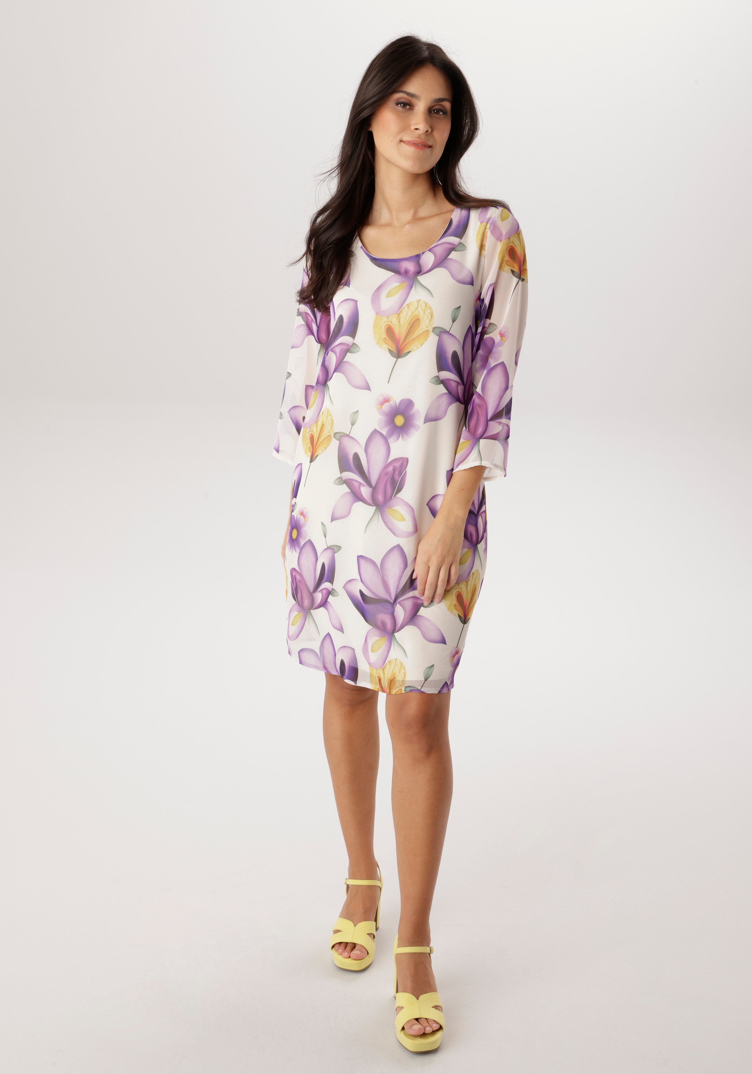 Chiffonkleid ANISTON SELECTED, Damen, Gr. 36, N-Gr, sanftes weiß, lila, flieder, orange, oliv, gelb, dunkelgrün, Chiffon, Obermaterial: 100% Polyester. Futter: 95% Viskose, 5% Elasthan, bedruckt, geblümt, gemustert, figurumspielend kniefrei,...