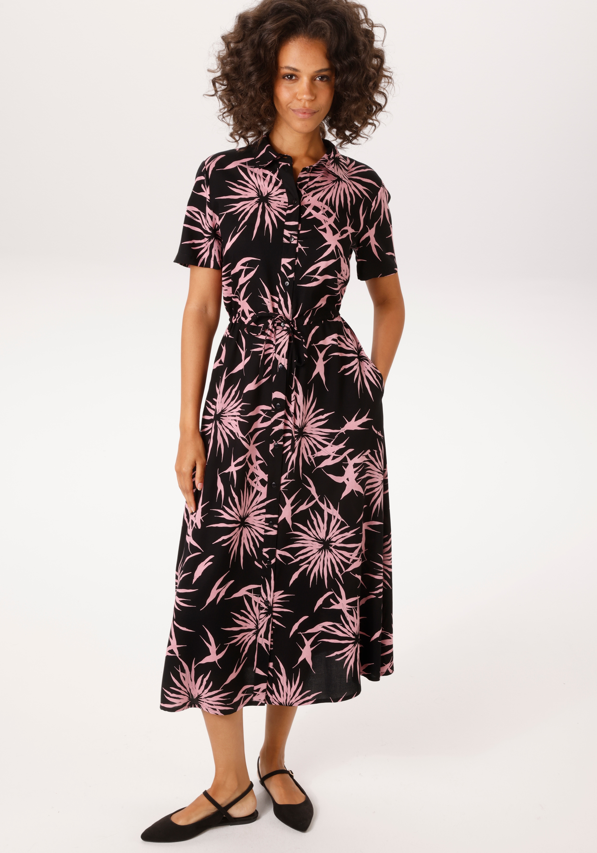 Sommerkleid ANISTON CASUAL, Damen, Gr. 48, N-Gr, schwarz, rosa, Web, Obermaterial: 100% Viskose, bedruckt, geblümt, figurumspielend knöchelfrei, Kleider Sommerkleid, mit grafischen Blumendruck - jedes Teil ein Unikat - NEUE KOLLEKTION