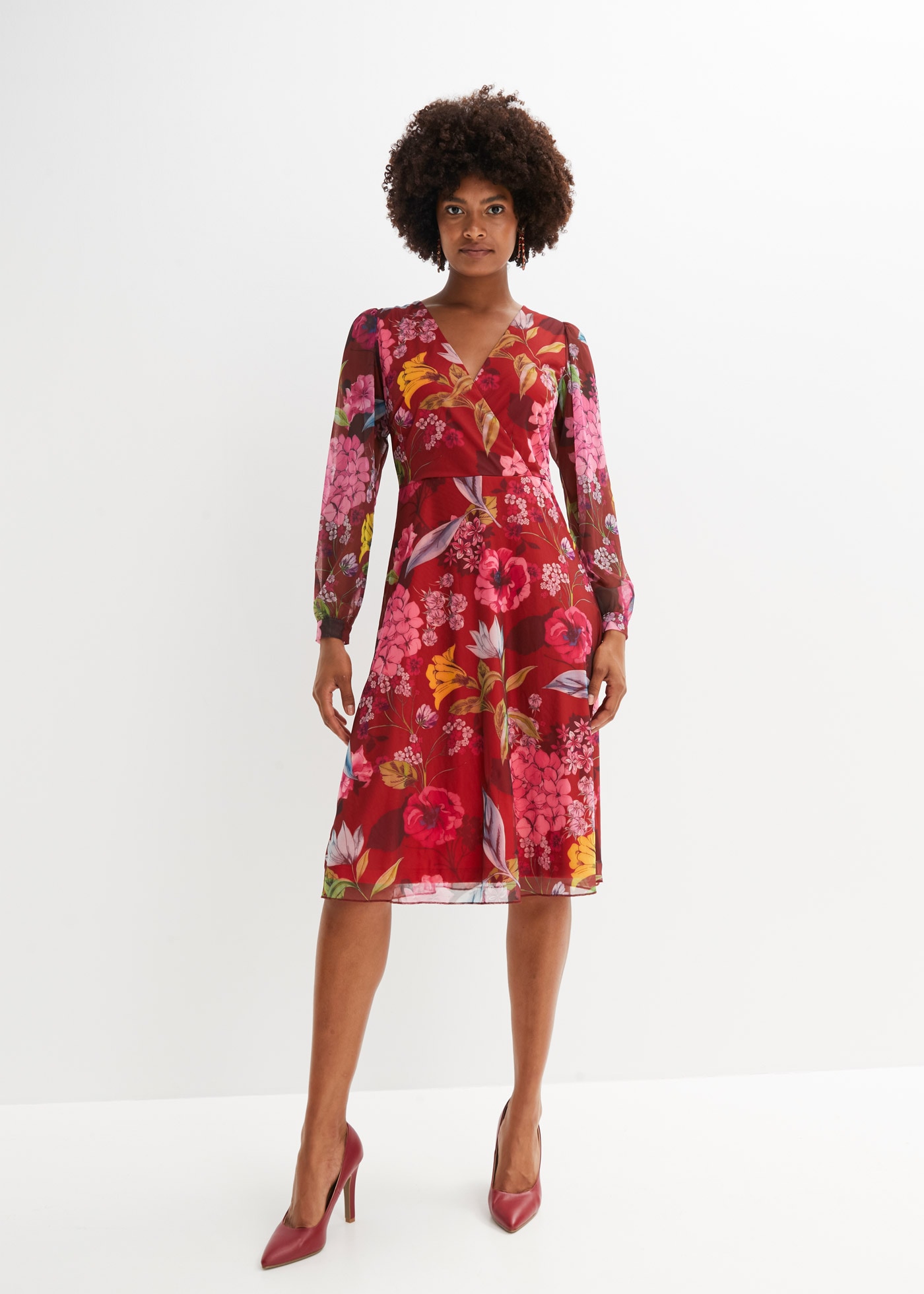 Midikleid BONPRIX, Damen, Gr. 48/50 (XL), N-Gr, rot (bordeaux, pink floral), Obermaterial: 85% Polyester, 15% Elasthan. Futter: 100% Polyester, ausgestellt, Kleider Midikleid, für femininen Look, aus leichtem Mesh-Material, eleganter Stil