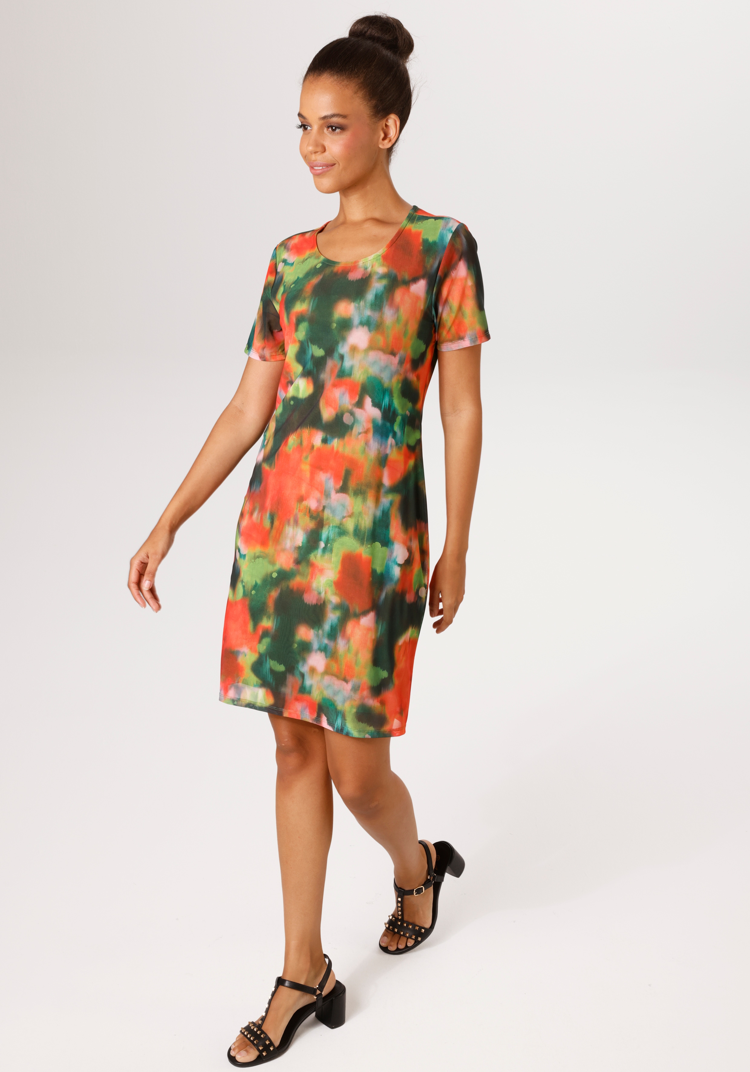 Sommerkleid ANISTON CASUAL, Damen, Gr. 46, N-Gr, grün, rot, rosa, orange, Mesh, Obermaterial: 95% Polyester, 5% Elasthan. Futter: 95% Viskose, 5% Elasthan, geblümt, figurbetont kniefrei, Rundhals, Kleider Sommerkleid, mit raffinierten Cut-Out im...