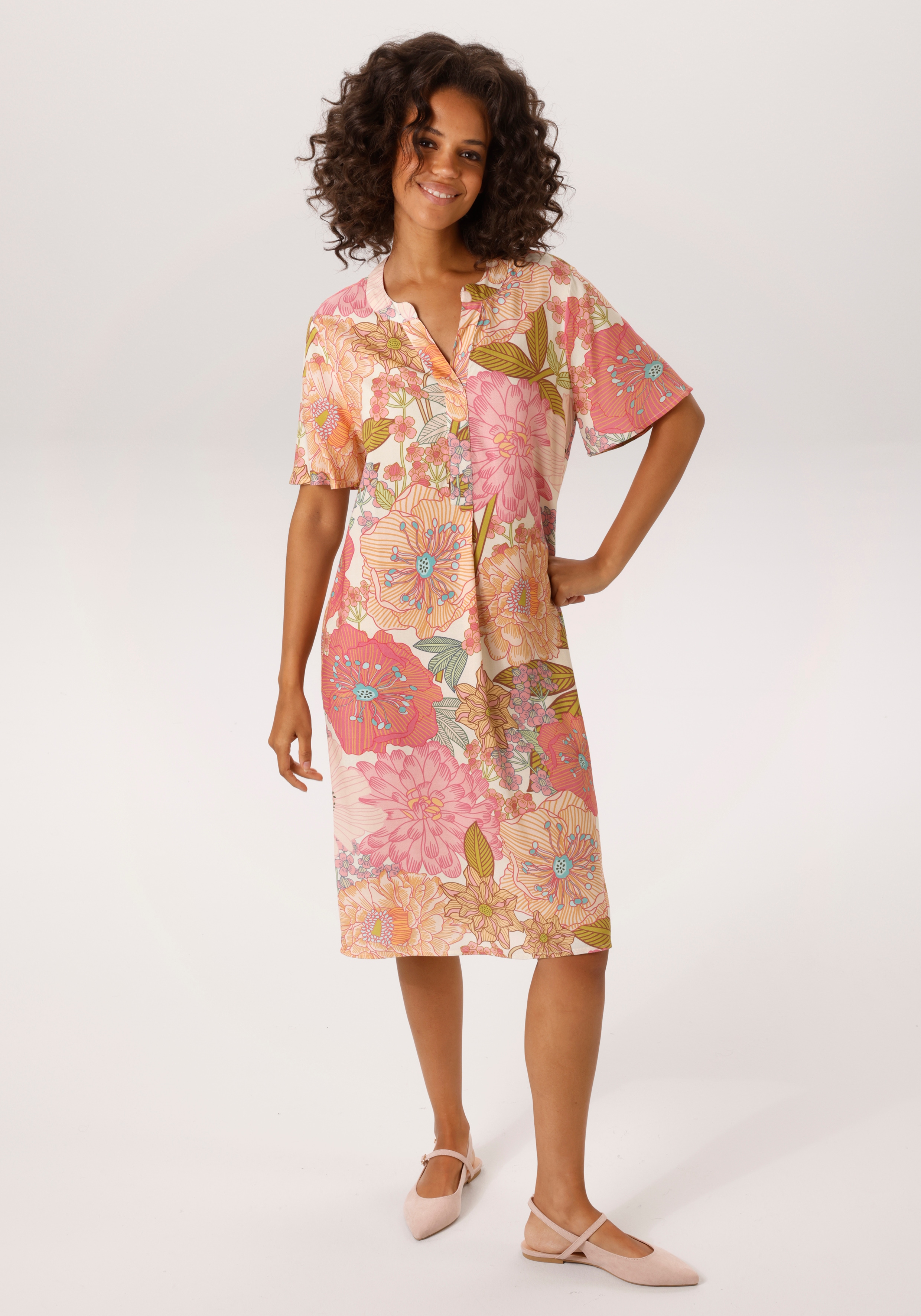 Sommerkleid ANISTON CASUAL, Damen, Gr. 42, N-Gr, creme, pink, rosa, türkis, grün, orange, gelb, braun, blau, Web, Obermaterial: 100% Viskose, bedruckt, geblümt, lässig geschnitten kniebedeckend, V-Ausschnitt, Kleider Sommerkleid, mit farbenfrohen,...