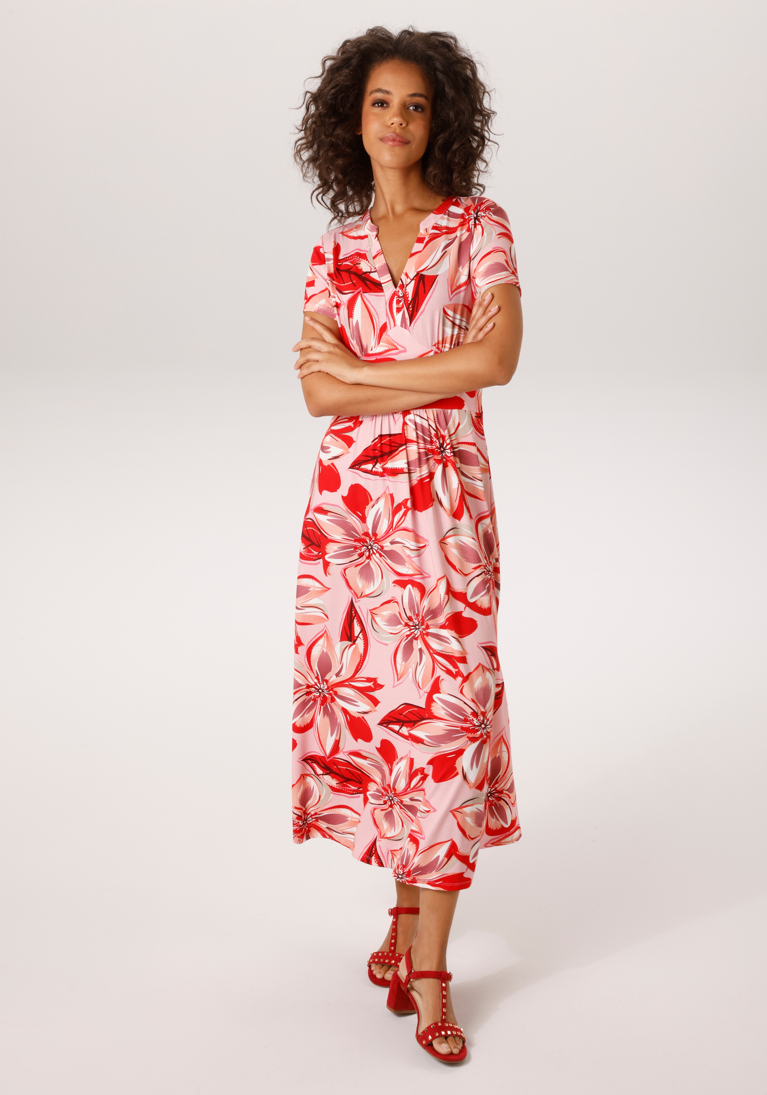 Sommerkleid ANISTON CASUAL, Damen, Gr. 38, N-Gr, rosa, rot, beere, lachs, wollweiß bodeaux, Single Jersey, Obermaterial: 95% Viskose, 5% Elasthan, bedruckt, geblümt, figurumspielend wadenlang, V-Ausschnitt, Kleider Sommerkleid, mit farbharmonischen,...