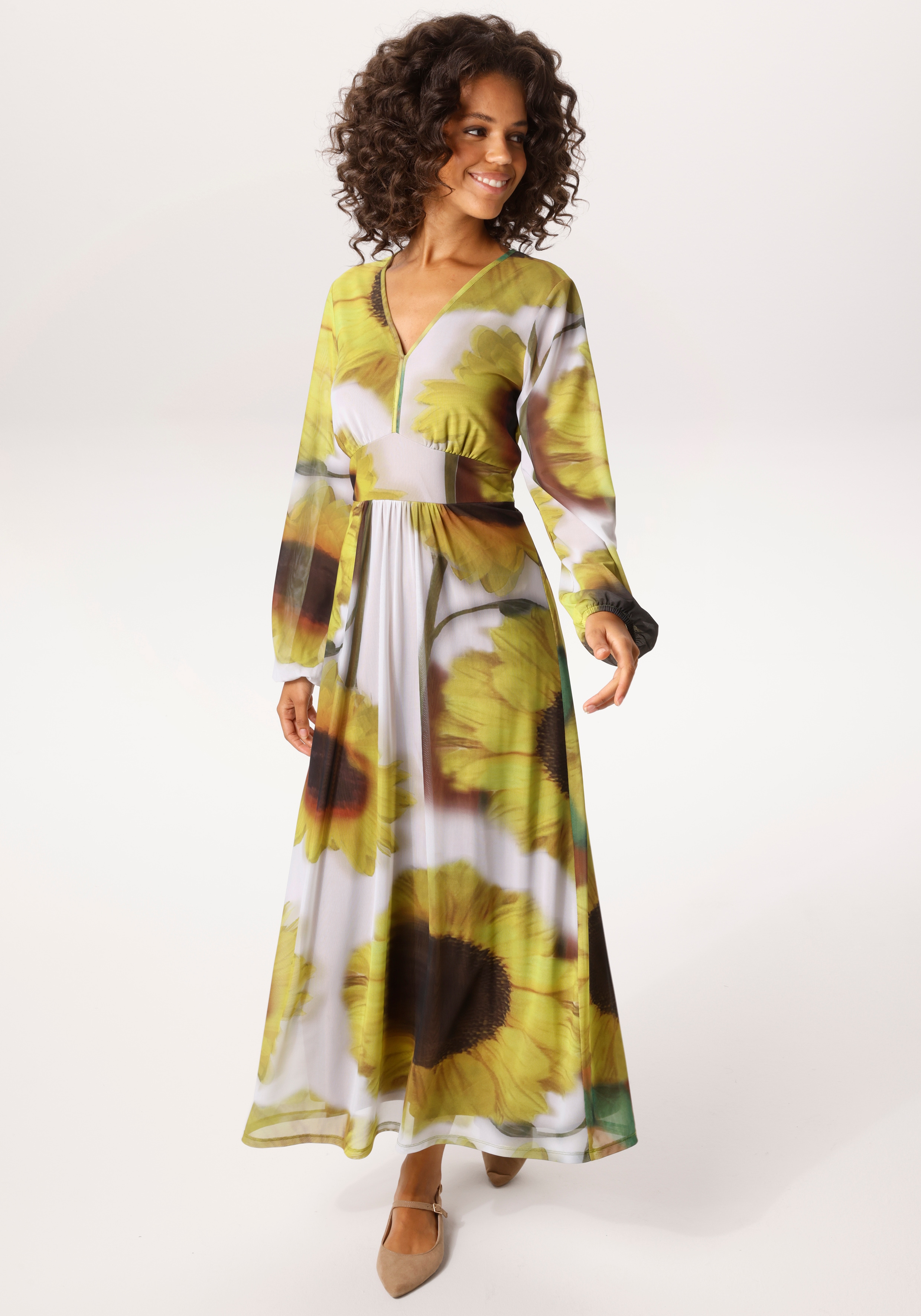 Maxikleid ANISTON CASUAL, Damen, Gr. 44, N-Gr, moosgrün, hellgrau, schwarz, dunkelbraun, grün, braun, gelb, hellbraun, Mesh, Obermaterial: 95% Polyester, 5% Elasthan. Futter: 100% Polyester, bedruckt, geblümt, figurumspielend knöchelfrei,...