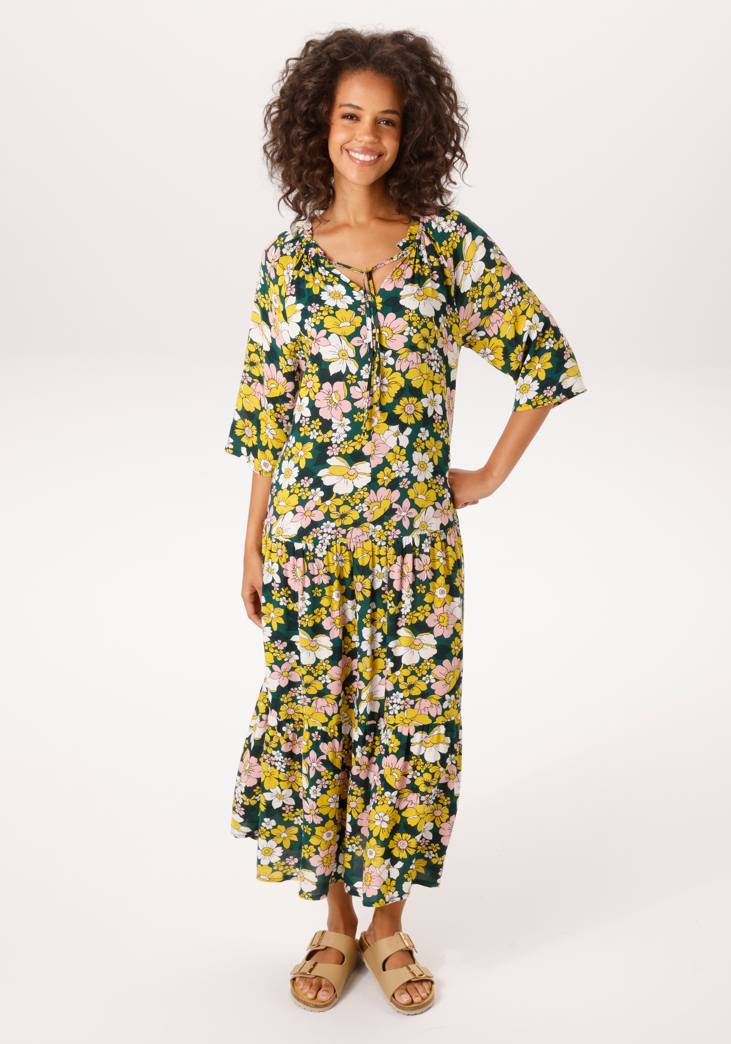 Sommerkleid ANISTON CASUAL, Damen, Gr. 36, N-Gr, dunkelgrün, mais, rosa, weiß, Web, Obermaterial: 100% Viskose, bedruckt, geblümt, lässig geschnitten wadenlang, V-Ausschnitt, Raglanärmel, Kleider Sommerkleid, mit farbenfrohen Blütendruck - jedes...