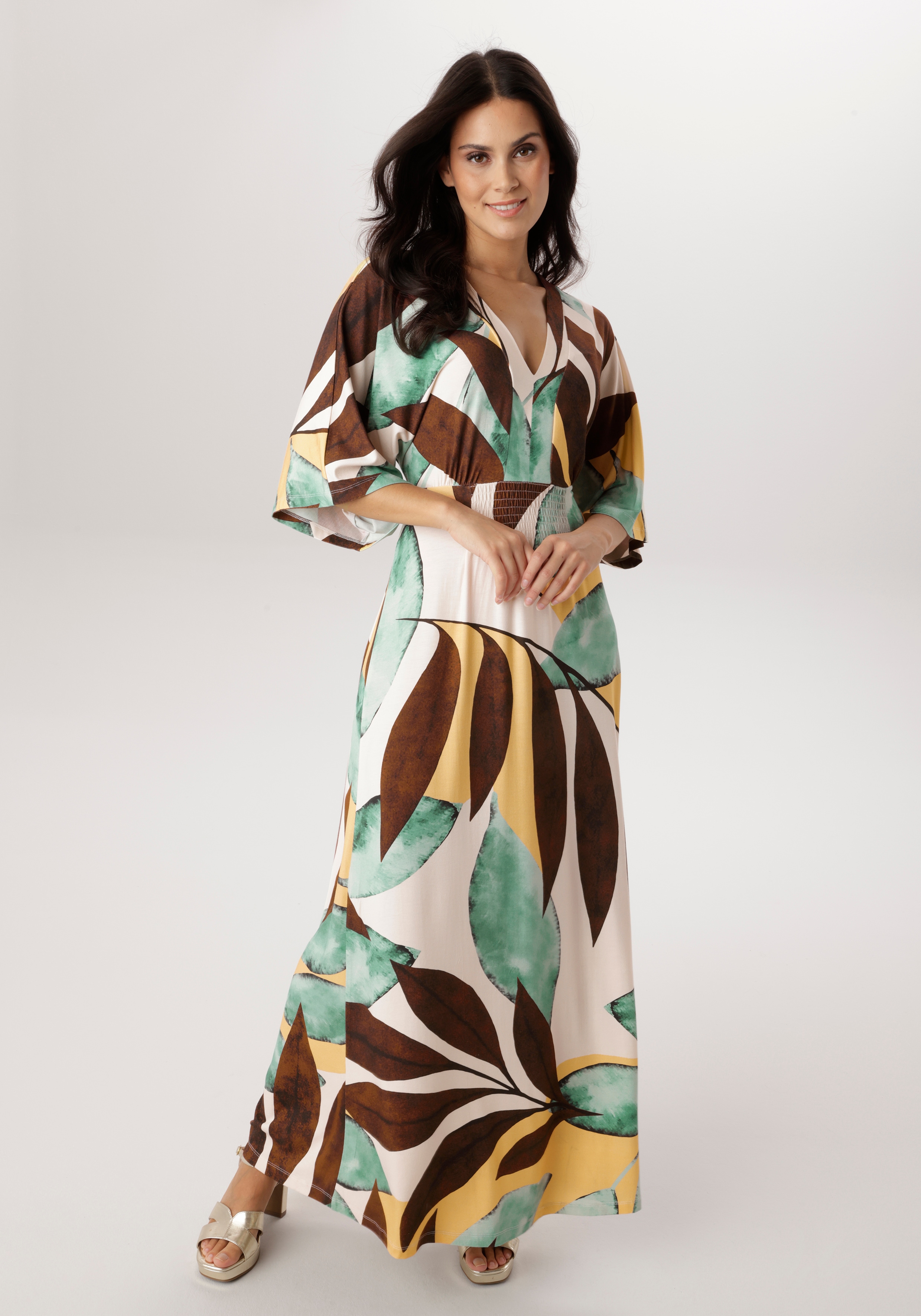 Maxikleid ANISTON SELECTED, Damen, Gr. 44, N-Gr, natur, ockergelb, braun, türkis, petrol, Single Jersey, Obermaterial: 95% Viskose, 5% Elasthan, bedruckt, geblümt, gemustert, lässig geschnitten lang, V-Ausschnitt, weit, Kleider Maxikleid, mit...