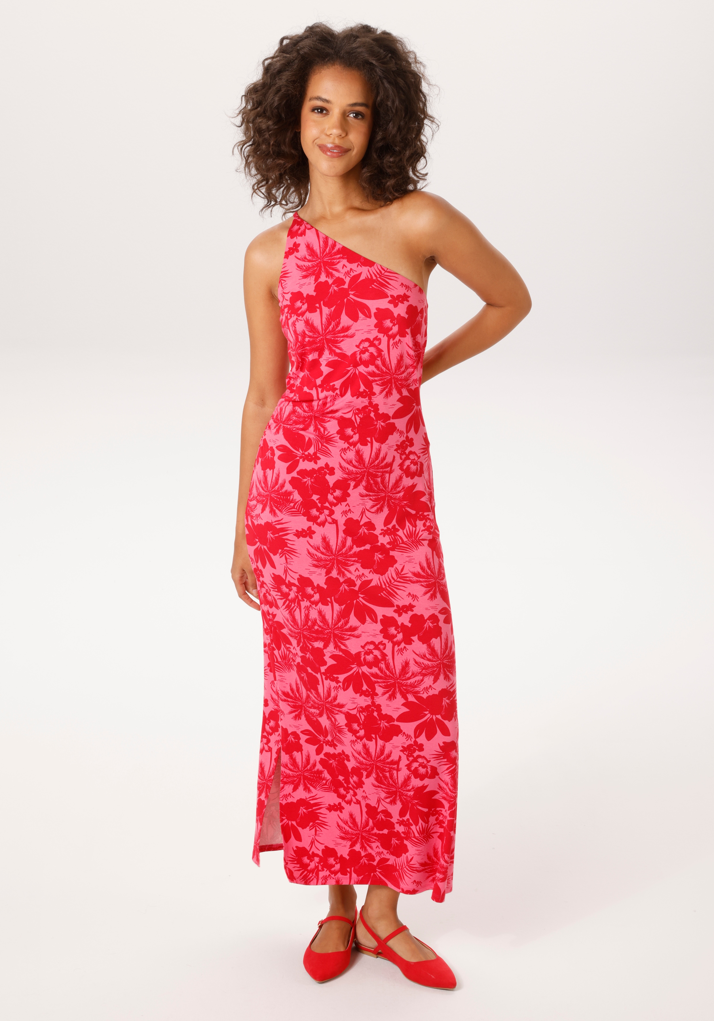 Sommerkleid ANISTON CASUAL, Damen, Gr. 38, N-Gr, pink, rot, Single Jersey, Obermaterial: 95% Viskose, 5% Elasthan, bedruckt, geblümt, figurbetont knöchelfrei, Kleider Sommerkleid, in modischer One-Shoulder-Form - NEUE KOLLEKTION