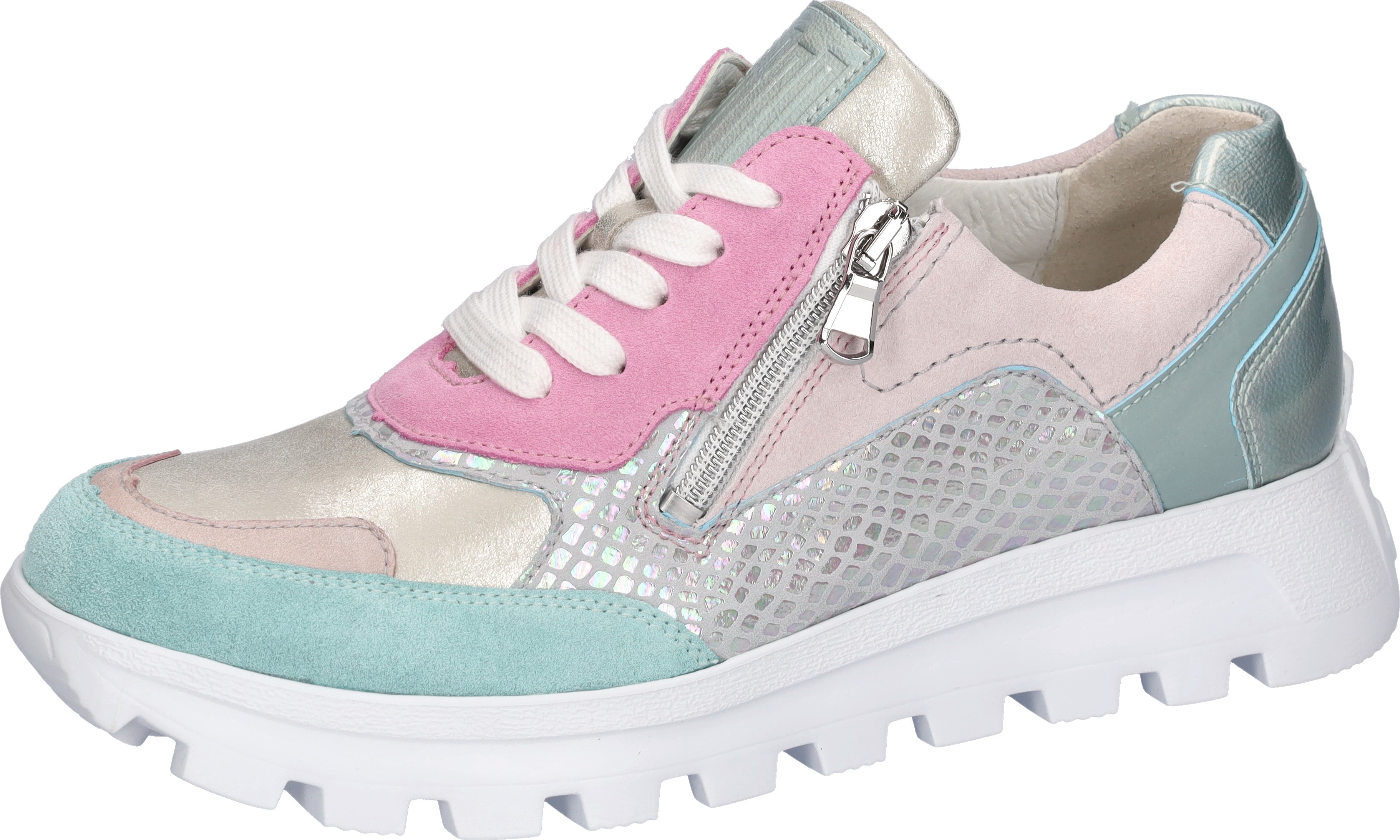 Sneaker WALDLÄUFER "H-AJALA", Damen, Gr. 5,5 (38,5), mint multicolor, Nappaleder, Nubukleder, Veloursleder, Reptilienprägung, mehrfarbig, metallic, Schuhe Sneaker, Schnürschuh, Halbschuh, Komfortschuh mit Reißverschluss, H-Weite
