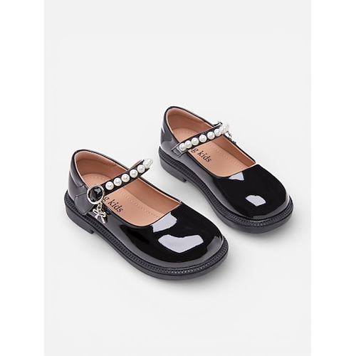 Mary-Jane-Schuhe mit Perlenriemen für Kinder, glänzendem PU-Obermaterial, gepolsterter Innensohle und stabiler, niedriger Plateausohle – ein süßer Prinzessinnenstil für Mädchen, perfekt als Image