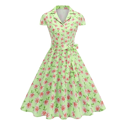 1950er Hepburn Retro Vintage Midlänge A-Linie Kleid Swing-Kleid Ausgestelltes Kleid Kurze Ärmel Blumen A-Linie Kostüm Damen Karneval Valentinstag Maskerade Urlaub Alltagskleidung Image