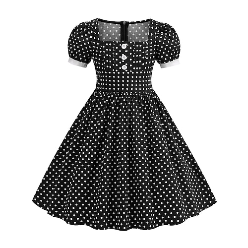1950er Hepburn Retro Vintage Midlänge A-Linie Kleid Swing-Kleid Ausgestelltes Kleid Tupfen A-Linie Quadrathals Kostüm Mädchen Karneval Maskerade Urlaub Alltagskleidung Kinder Kleid Frühling Sommer Image