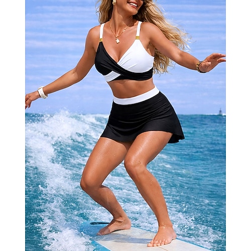 Damen Bikini-Sets Badeanzug 2 Teile Farbblockierung UV Schutz Elastisch Ärmellos Bademode Badeanzug Surfen Tauchen Schwimmen Sommer Image