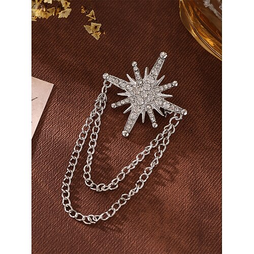 Herren-Anstecknadel mit sternförmigem Kristallbesatz und doppelter Kette, Brosche aus Gold- und Silberlegierung, eleganter Vintage-Stil für Bräutigame, Hochzeiten, Valentinstag, formelle Feiern und Abendveranstaltungen Image