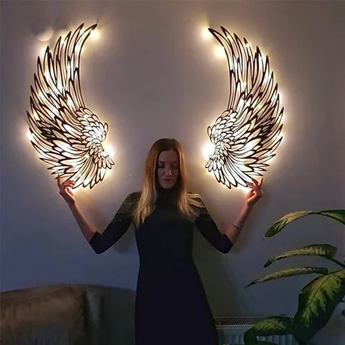 Wanddekoration mit Engelsflügeln, LED-Wandskulptur mit Engelsflügeln, Metall-Wanddeko mit LED-Beleuchtung für Zuhause, Schlafzimmer, Wohnzimmer, Garten und Büro Image