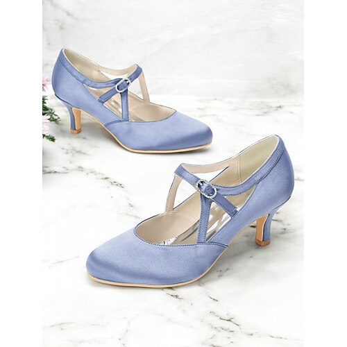 Damen Salbeigrüne Satin T-Strap High Heels-Vintage Gatsby Mittel-Absatz Pumps mit Schnallenverschluss elegante Schuhe für Hochzeiten Balltanz Image