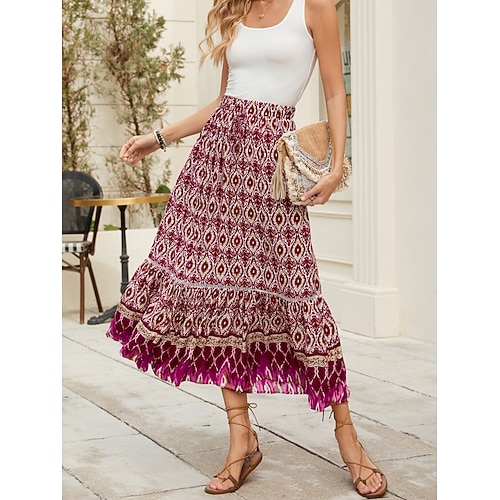 Damen Bohemien Vintage Mode Midi Hohe Taille Röcke Blumen Grafik Druck Dehnbar Täglich Straße Marineblau Fuchsie Sommer Viskose Image