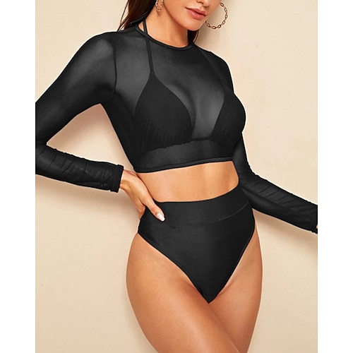 Damen Bikini-Sets Bikini mit hohem Bund Einfarbig Netz UV Schutz Elastisch Langarm Bademode Badeanzug Surfen Tauchen Schwimmen Sommer Image