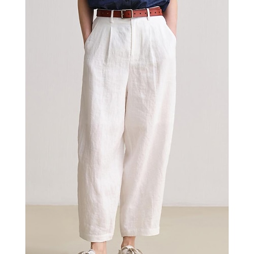 Damen Hose aus Baumwollleinen Chinos Urlaub Streetwear Lässig Knöchellang Mittlere Taillenlinie Einfarbig Tasche Elastischer Bund Bequem Komfort Unelastisch Täglich Outdoor Straße Weiß Sommer Frühling Image