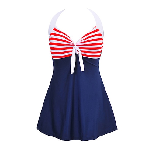 Damen Regulär Neckholder-Bikini-Oberteil Badeanzug Badeanzüge Streifen UV Schutz Elastisch Ärmellos Bademode Badeanzug Surfen Tauchen Schwimmen Sommer Image