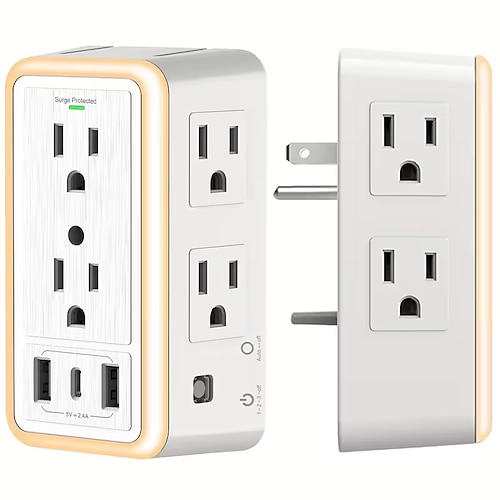 USB-Ladegerät mit Überspannungsschutz, 6-fach Steckdosenleiste mit 3 USB-Ladeanschlüssen (1 USB-C-Anschluss), 3-seitige 1800J-Steckdosenleiste, 3,4-V-Mehrfachsteckdosen, Wandadapter, geeignet für Image