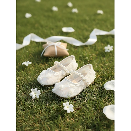 Mary-Jane-Ballerinas mit Perlenriemen und floraler Applikation für Kinder, elegante Prinzessinnenschuhe für Blumenmädchen bei Hochzeiten, bequeme Schuhe mit niedrigem Absatz für festliche Anlässe Image