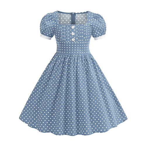 1950er Retro Vintage Rockabilly Midlänge Swing-Kleid Ausgestelltes Kleid Tupfen Tailliert und ausgestellt Schaukel Quadrathals Kostüm Mädchen Karneval Maskerade Urlaub Alltagskleidung Kinder Kleid Image