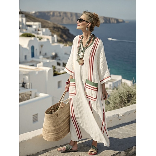 Damen Maxikleid Leinenähnlich Atmungsaktiv Leicht Sonnenkleid A-Linie Kleid Urlaub Lässig Boho Strand Ausgehen Floral Grafik Geometrisch Lange Ärmel V-Ausschnitt Blau Rot Himmelblau Orange Sommer Image