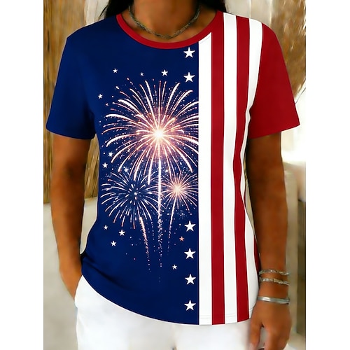 Amerikanischer Unabhängigkeitstag Damen T Shirt T-Shirt Druck Grafik Flagge Stilvoll Klassisch Lässig Kurzarm Rundhalsausschnitt Normale Oberteile Täglich Ausgehen Wochenende Blau Sommer Frühling Image