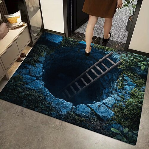 Fußmatte mit 3D-Optik-Täuschung, tiefem Brunnen und Holzleiter-Design, realistischer 2D-Flachdruck, Akzentteppich für den Eingangsbereich, Wohnaccessoires Image