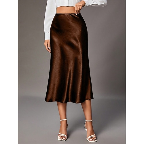 Damen Satinröcke Elegant Vintage Mode Midi Hohe Taille Röcke Einfach Gerafft Patchwork Unelastisch Täglich Party Wein Knackmandel Rosa Armeegrün Sommer Spandex Satin Image