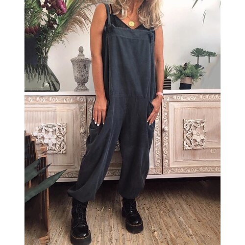 Damen Normal Overall Aktiv Einfarbig Ärmellos U-Ausschnitt Tasche Täglich Urlaub Lässiger Schnitt Schwarz Marineblau Khaki Sommer Image