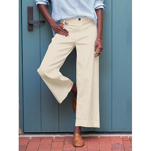 Damen Kunstbaumwollleinen Weites Bein Chinos Sommerhose Urlaub Streetwear Basic Knöchellang Mittlere Taillenlinie Einfach Tasche Bequem Komfort Unelastisch Täglich Outdoor Urlaub Mandelfarben Schwarz Image
