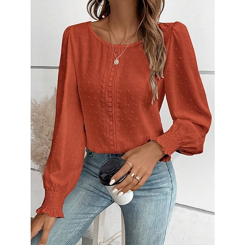 Damen Popover-Hemd Freizeithemd Bluse Spitze Patchwork Einfarbig Urlaub Stilvoll Basic Langarm Rundhalsausschnitt Normale Oberteile Täglich Outdoor Ferien Schwarz Weiß Rote Orange Sommer Frühling Image