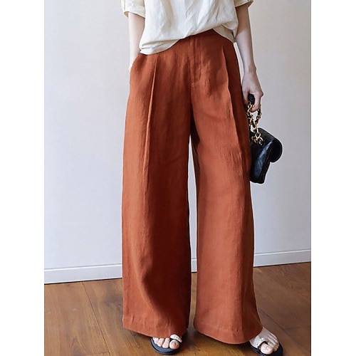 Damen Hose in Leinenoptik Weites Bein Chinos Sommerhose Urlaub Streetwear Lässig Volle Länge Mittlere Taillenlinie Einfach Tasche Bequem Komfort Mikroelastisch Täglich Outdoor Urlaub Aprikose Schwarz Image