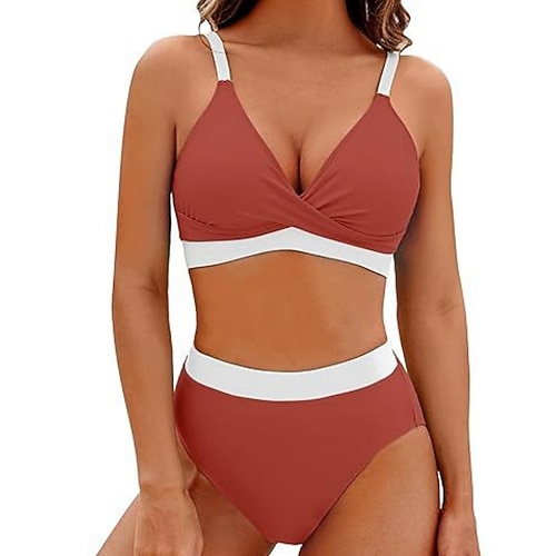 Damen Badeanzug Bikini Zweiteilig Freche Unterhose Bademode Schlank Rückenfrei Urlaub Strandbekleidung Einfarbig V Ausschnitt Ärmellos Badeanzüge Image