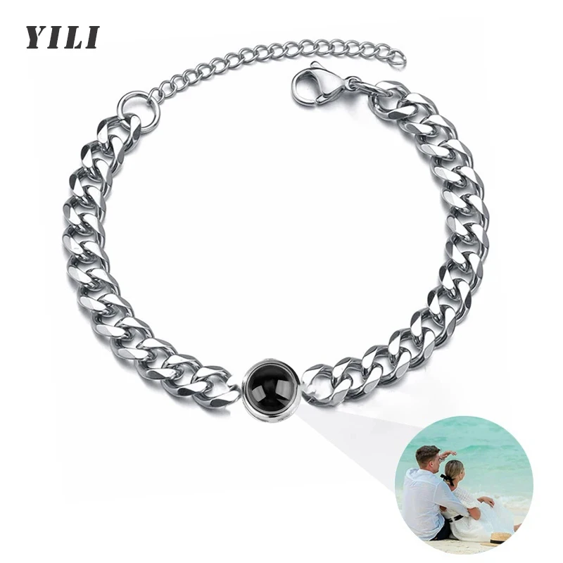 Personalisiertes Armband mit Bild im Inneren, Titan-Stahl Kubanische Gliederkette Armband mit Individueller Fotoprojektion für Männer und Frauen Image