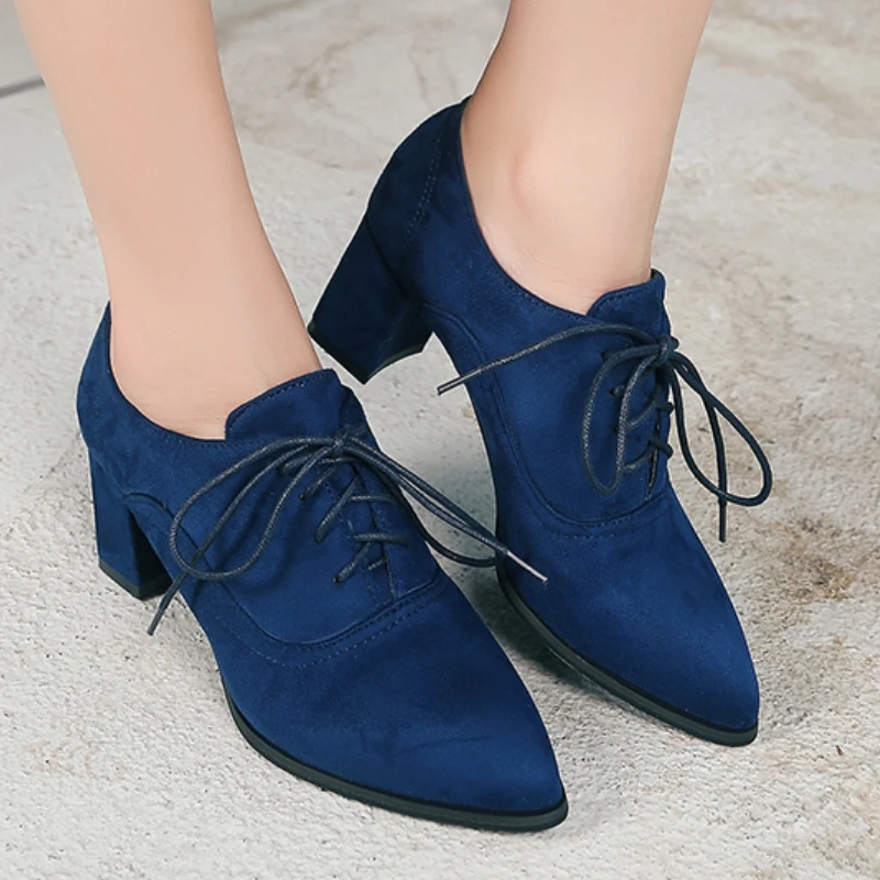 Blaue Damen-Oxford-Schuhe mit mittlerem Absatz, große Größe 45, Frühling 2026, Schnürung, grün, schwarz, kurze Slipper mit Absatz, Schuhe, Schuhe für Mädchen