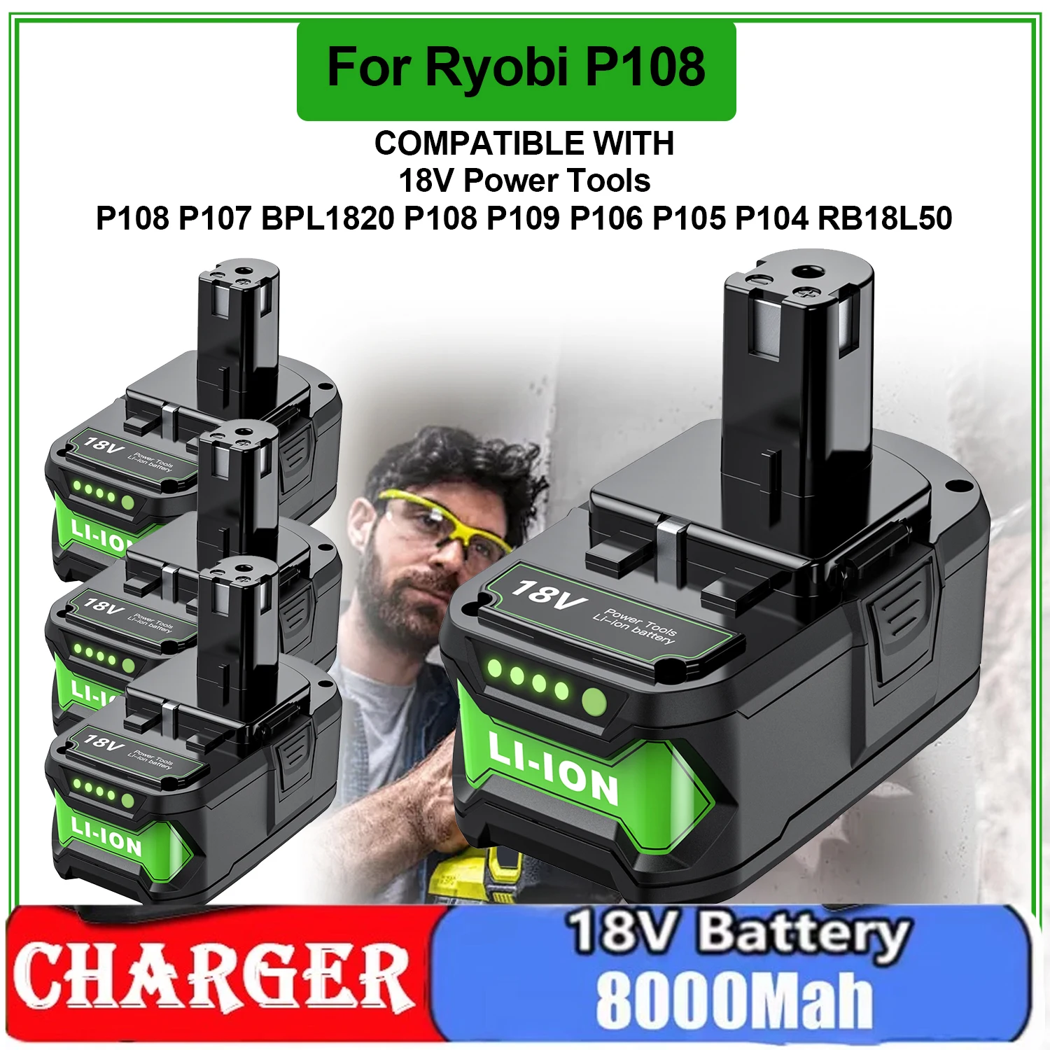 Bonadget 8000 mAh für Ryobi 18 V Akku, wiederaufladbare Li-Ion-Akkus für P108 P102 P103 P104 P107 BPL1820 Elektrowerkzeug-Akku Image