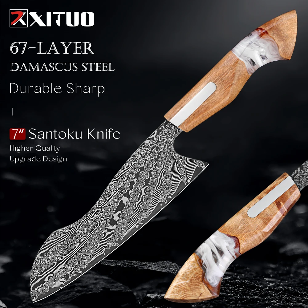 Japanisches Damaskus-S Santokumes, 7-Zoll-Kochmesser für Fleisch und Gemüse, scharfes professionelles Küchenmesser, Premium-Kochmesser Image
