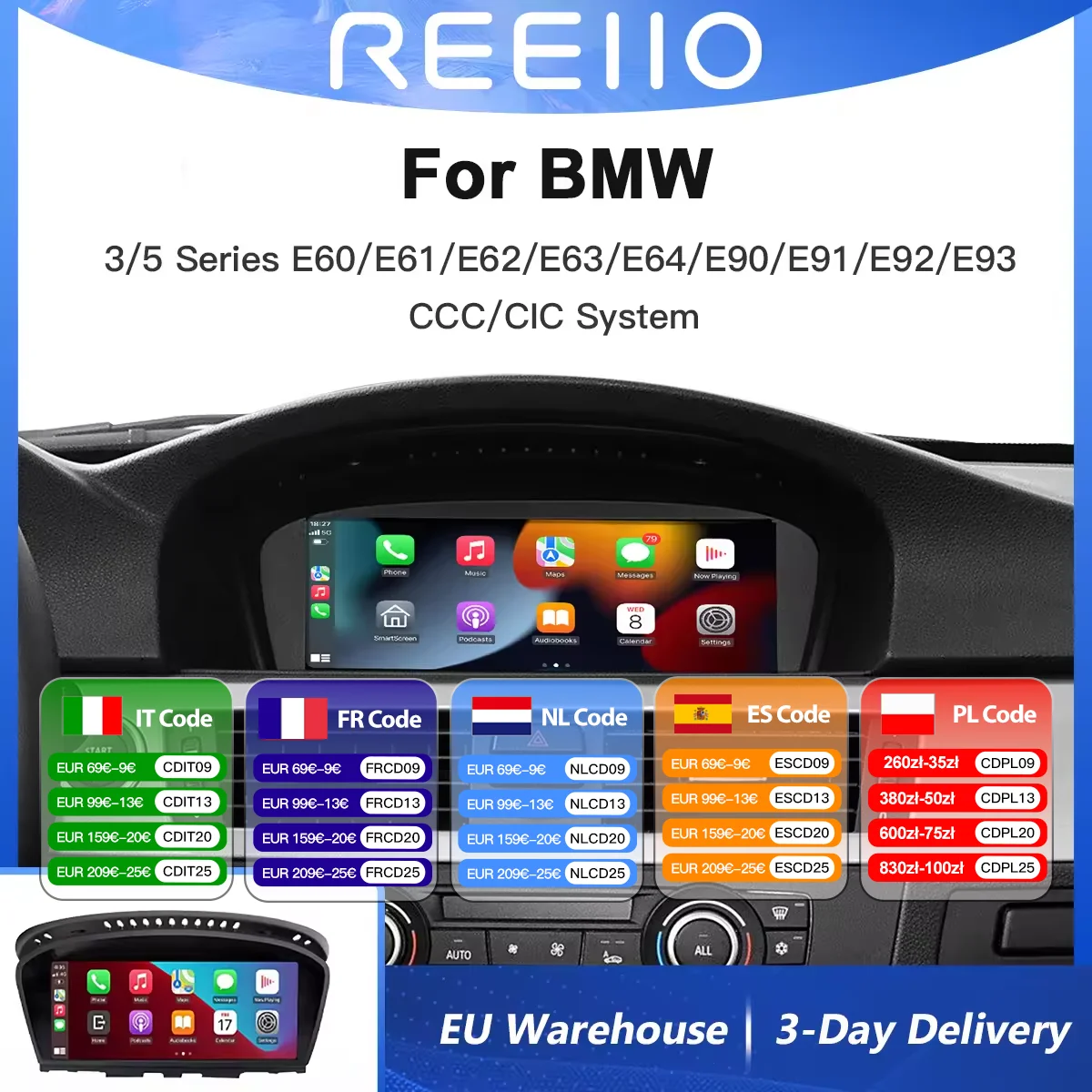 Lettore multimediale touch screen wireless Carplay Android Auto per BMW Serie 3 5 E60 E61 E62 E63 E90 E91 E92 E92 Sistema CCC