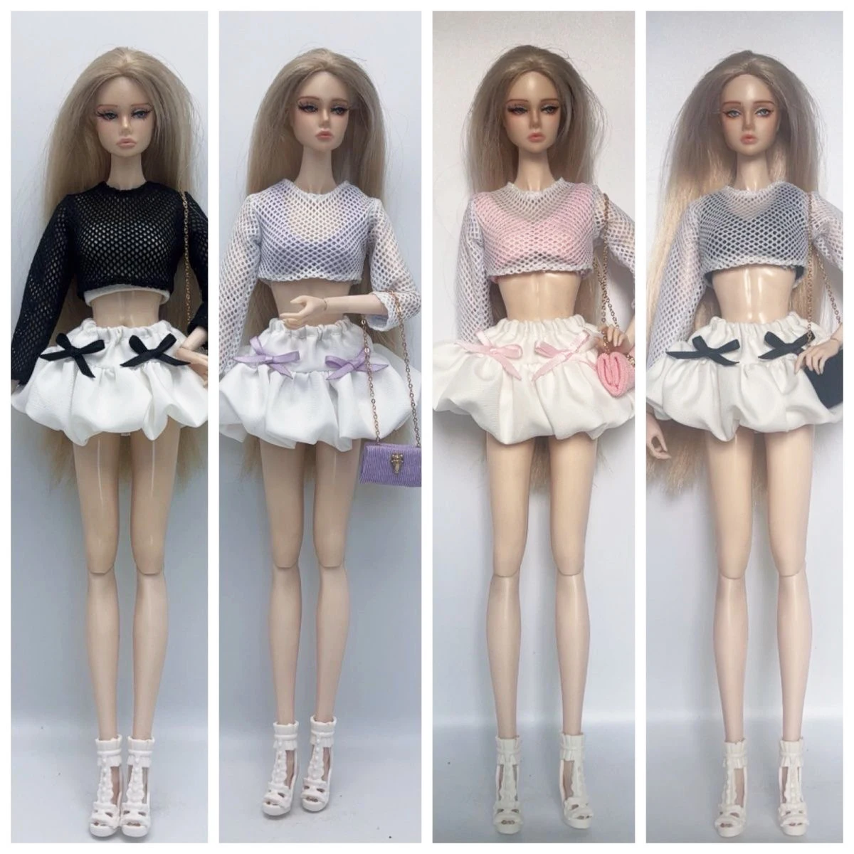 30cm FR PP Supermodel Doll Clothe Fashion Mesh Top + Vest + Bubble Bow Skirt + Bag + Shoes Set For 1/6 Doll DIY Dress Up Clothes
