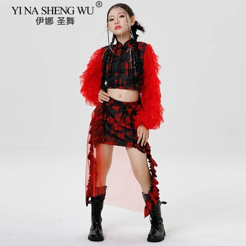 Kinder Hip Hop Tanzkostüm Mädchen K-Pop Jazz Street Dance Bühnenoutfit Roter Rock Anzug Performance Wear Kinder Tanzkleidung