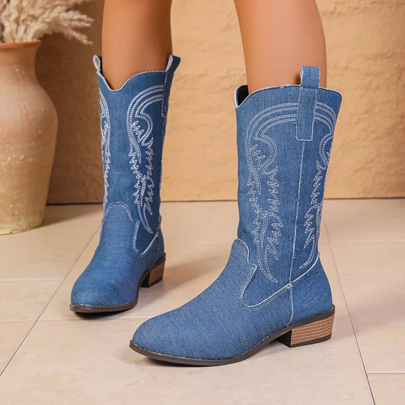 2026 neue Mid-kalb Stiefel Frauen Silber Spitz Western Cowboy Stiefel Retro Mode Lange Linie Dance Boot Plus größe 36-43 Frauen Schuhe