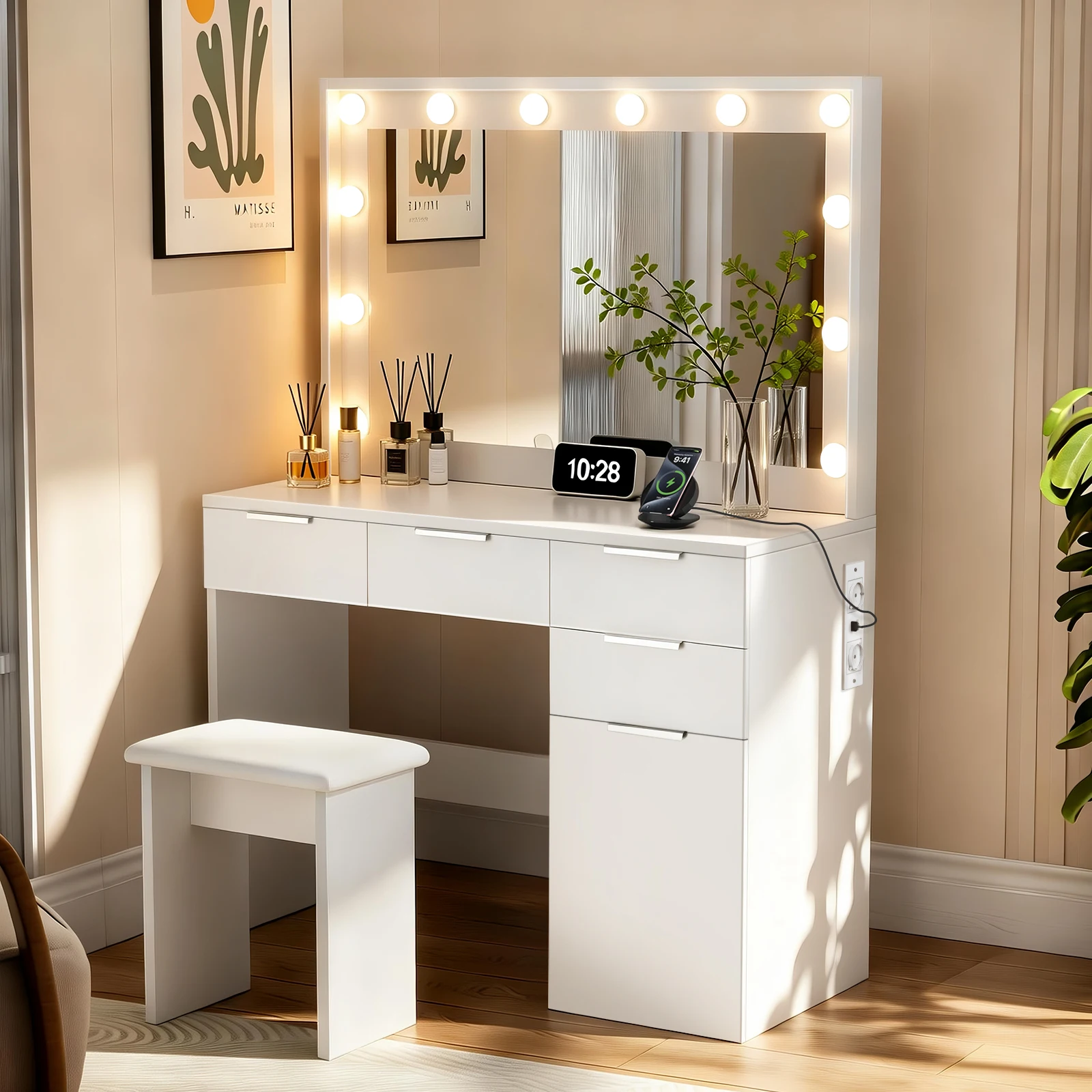 Schminktisch Set mit spiegel und hocker, Frisiertisch mit LED-Beleuchtung und Steckdosen, USB Ladefunktion Kosmetiktisch Kommode Image
